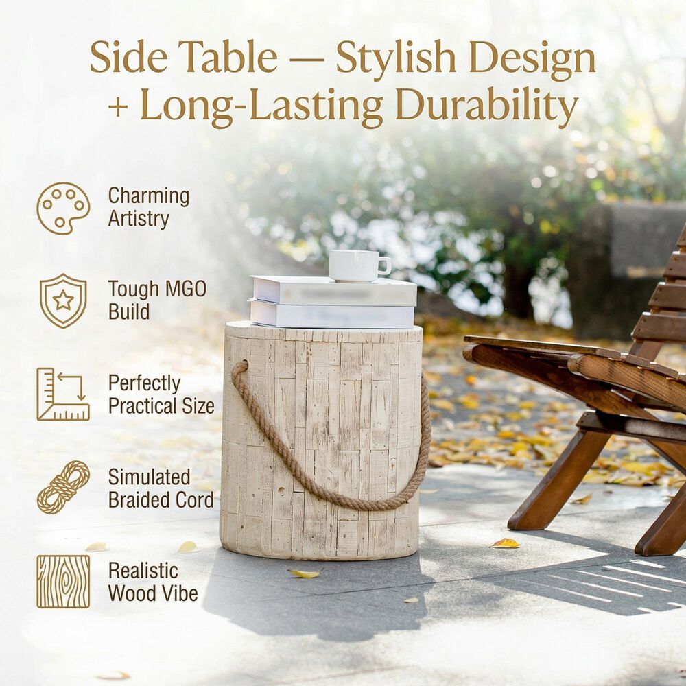 Hearth and Haven Outdoor Side Table with Braided Cord Design in Wood Brown, , large