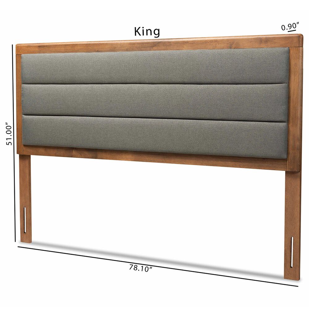 Baxton Studio Dexter King Panel Headboard with Dark Grey Fabric in Walnut Brown, , large