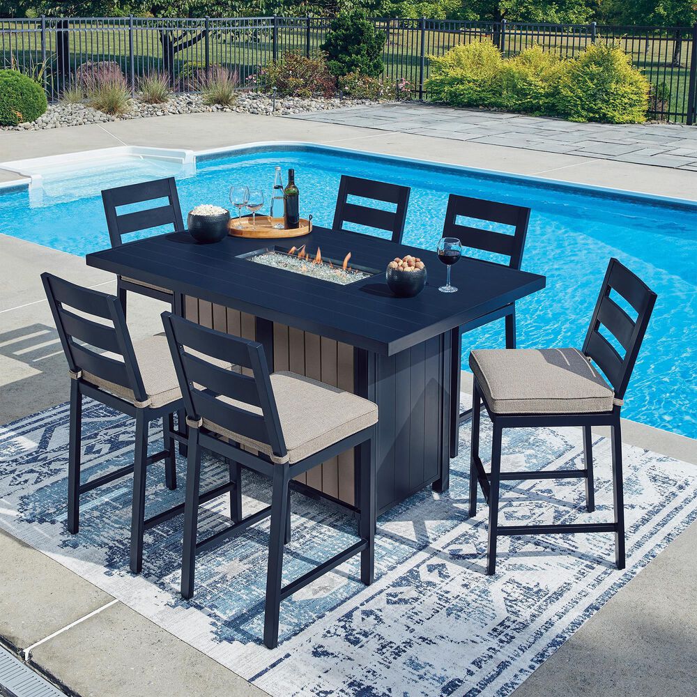 Ashley East Beach  Bar Table with Fire Pit in Navy Blue and Driftwood, , large
