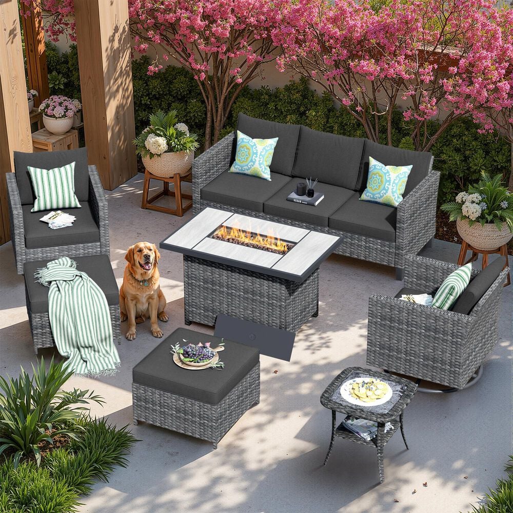 HOMLUX 7-Piece Patio Conversation Set with Rocking Chairs and Fire Pit Table in Black, , large