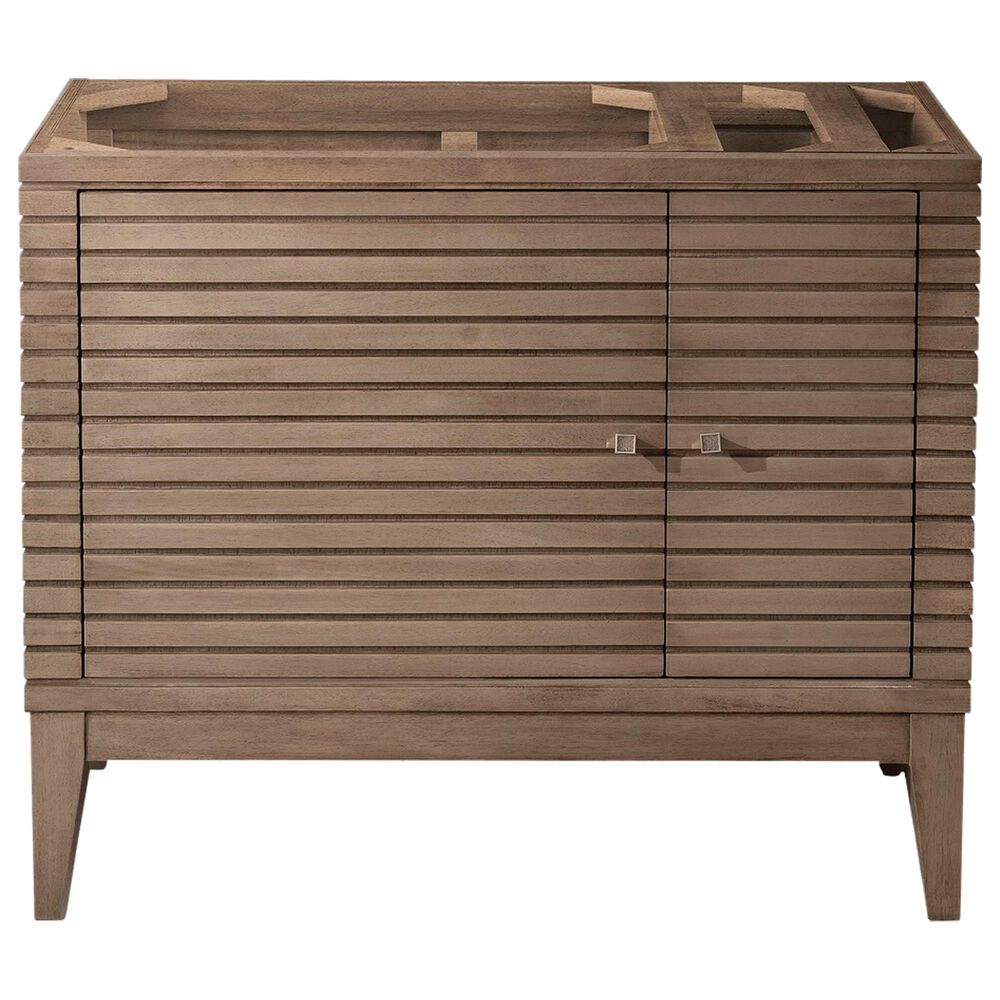 James Martin Vanities Linear 36&quot; Single Bathroom Vanity in Whitewashed Walnut with 13 cm Glossy White Solid Surface Top and Rectangular Sink, , large