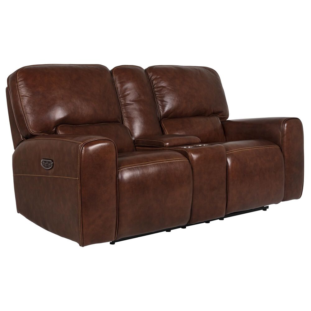 Italiano Furniture Leather Power Console Loveseat with Power Headrest in Brown, , large