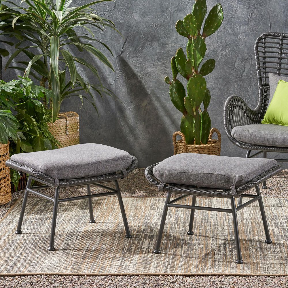 Hearth and Haven Montana Outdoor Ottoman with Gray Cushion in Black &#40;Set of 2&#41;, , large