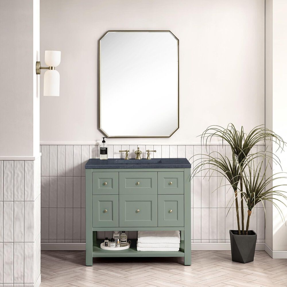 James Martin Vanities Breckenridge 36&quot; Single Bathroom Vanity in Smokey Celadon with 3 cm Charcoal Soapstone Quartz Top and Rectangular Sink, , large