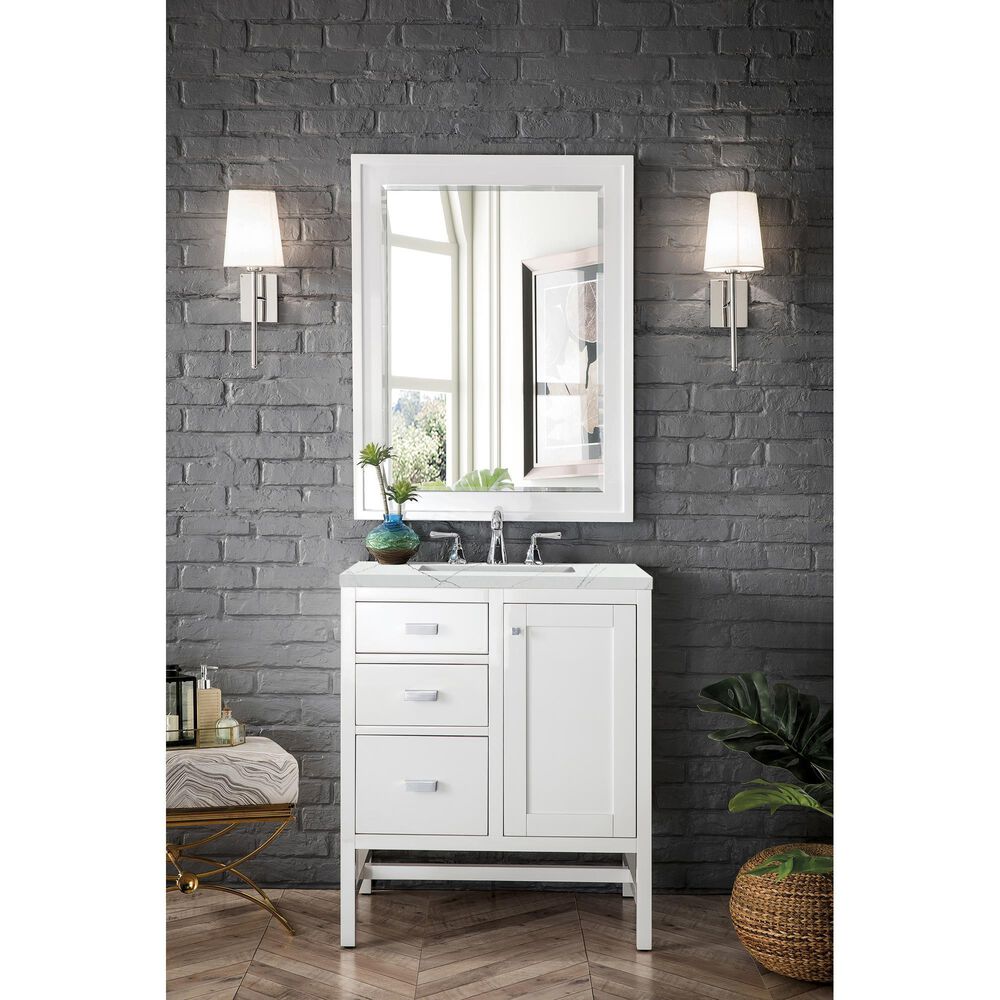 James Martin Vanities Addison 30&quot; Single Bathroom Vanity in Glossy White with 3 cm Ethereal Noctis Quartz Top and Rectangular Sink, , large