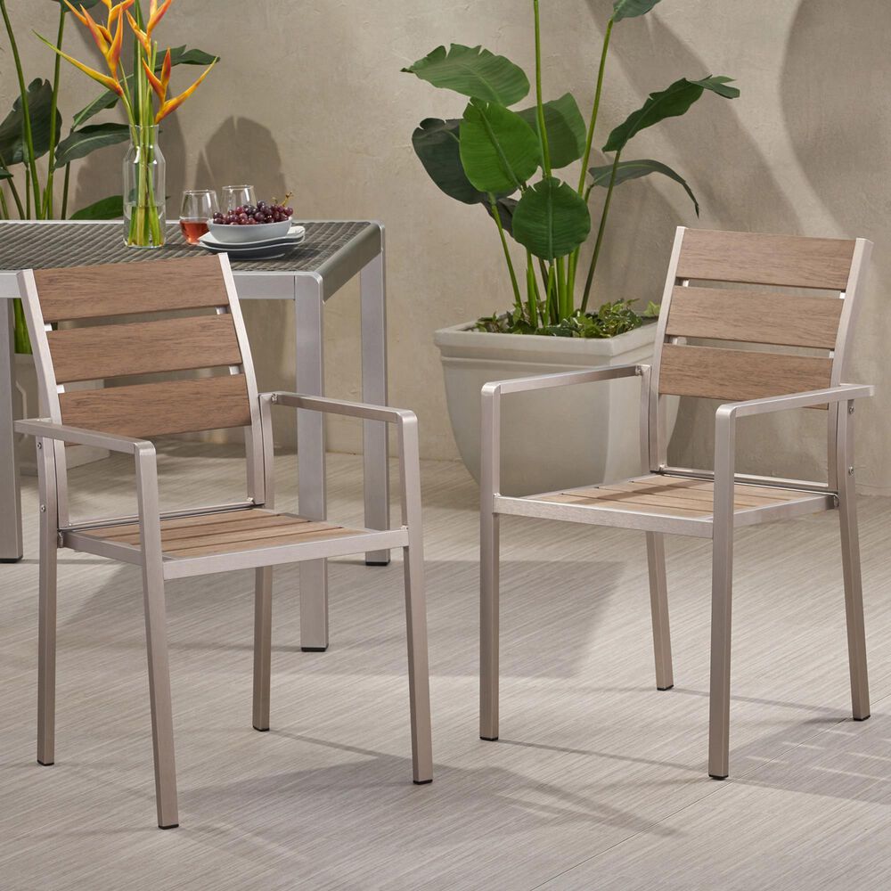 Hearth and Haven Outdoor Dining Chair with Faux Wood Seat in Natural and Silver &#40;Set of 2&#41;, , large