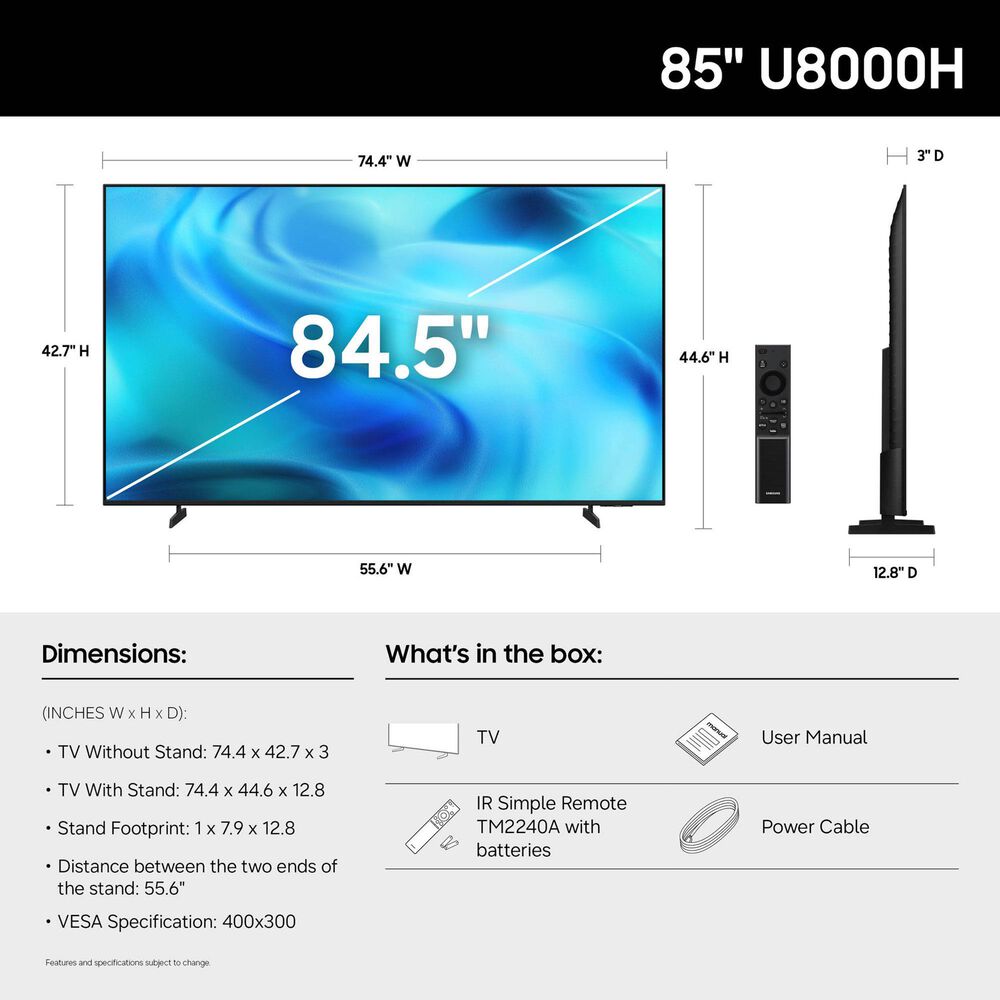 Samsung 85" U8000H Series Crystal UHD 4K Vision AI in Black - Smart Tizen TV (2026), , large