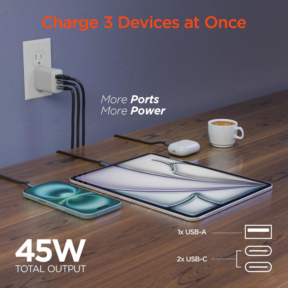 Hypercel 45W PD Wall Charger + 6ft USB-C to USB-C Cable in White, , large