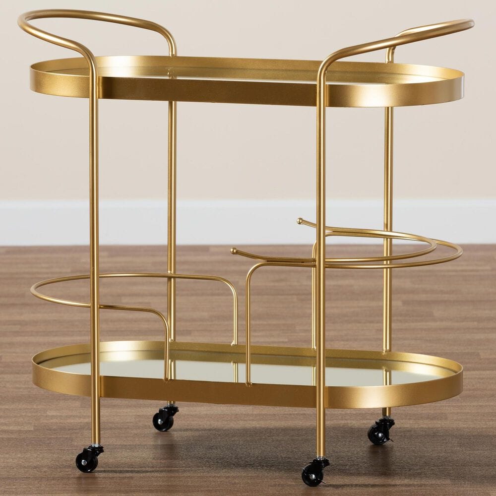 Baxton Studio Kamal 2-Tier Mobile Wine Bar Cart in Brushed Gold and Clear, , large