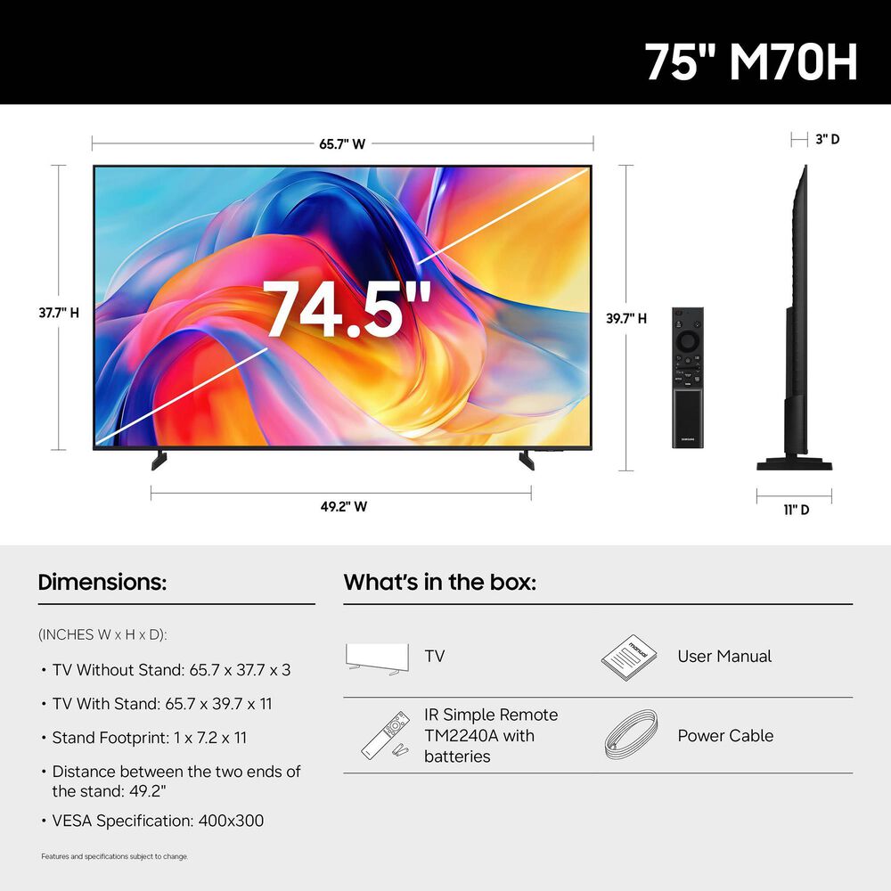 Samsung 75" Class M70H Mini LED 4K UHD Vision AI in Black - Smart TV, , large