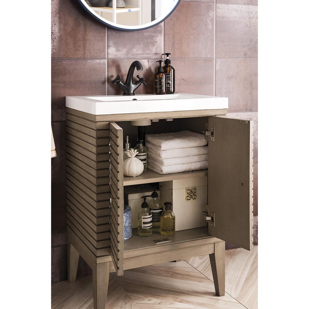 James Martin Vanities Linden 24&quot; Single Bathroom Vanity in Whitewashed Walnut with 5 cm White Glossy Resin Top and Rectangular Sink, , large