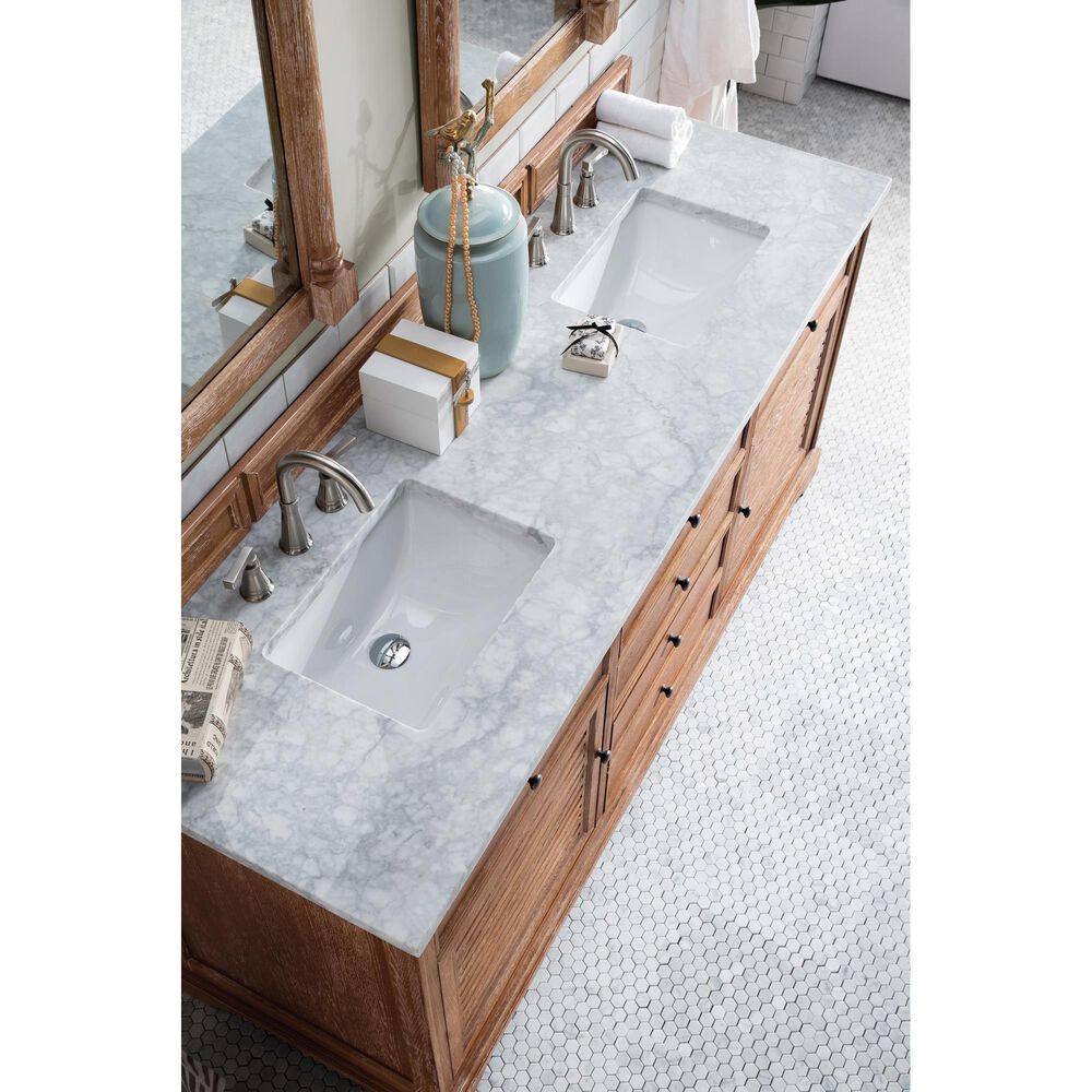 James Martin Vanities Savannah 72&quot; Double Bathroom Vanity in Driftwood with 3 cm Carrara White Marble Top and Rectangular Sinks, , large