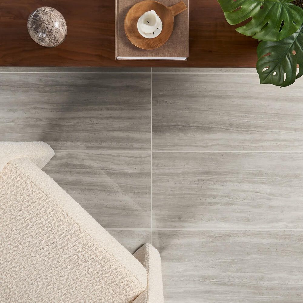 Soho Studio Zenit Grigio Chiaro Gray 12" x 24" Travertine Look Polished Porcelain Tile, , large