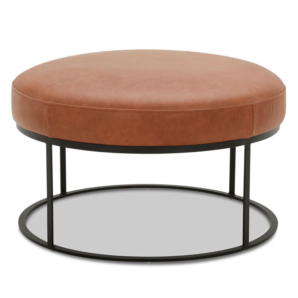 Interlochen Round Leather Ottoman in Camel Brown, , large