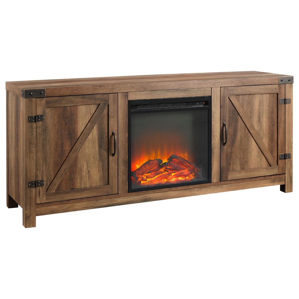 Walker Edison 58&quot; Barn Door Fireplace Console in Rustic Oak, , large