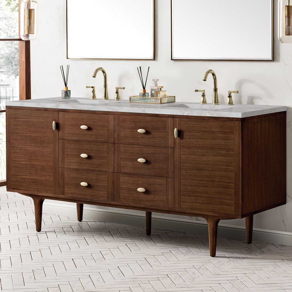 James Martin Vanities Amberly 72" Double Bathroom Vanity in Mid-Century Walnut with 3 cm Eternal Jasmine Pearl Silestone Top, Rectangular Sinks and FreePower Wireless Charger, , large