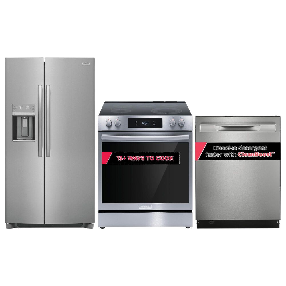 Frigidaire Gallery 3 Piece Kitchen Package with 25.6 Cu. Ft. 36" Standard Depth Side-by-Side Refrigerator, 30" Front Control Electric Range with Total Convection, & 24" Built-In Pocket Handle Dishwasher with CleanBoost in Stainless Steel, , large