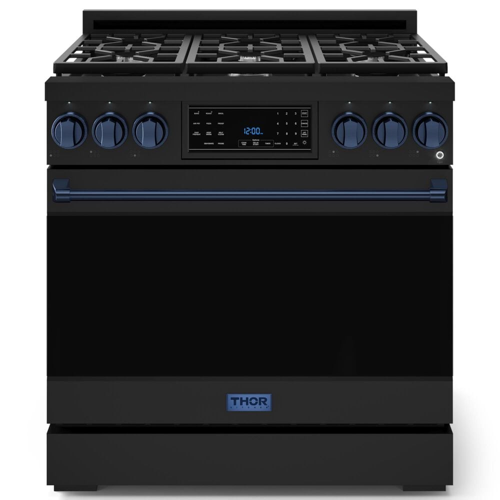 THOR KITCHEN Gordon Ramsay 6 Cu. Ft. 36" Professional Liquid Propane Range with Navy Blue Handle Kit in Black, , large
