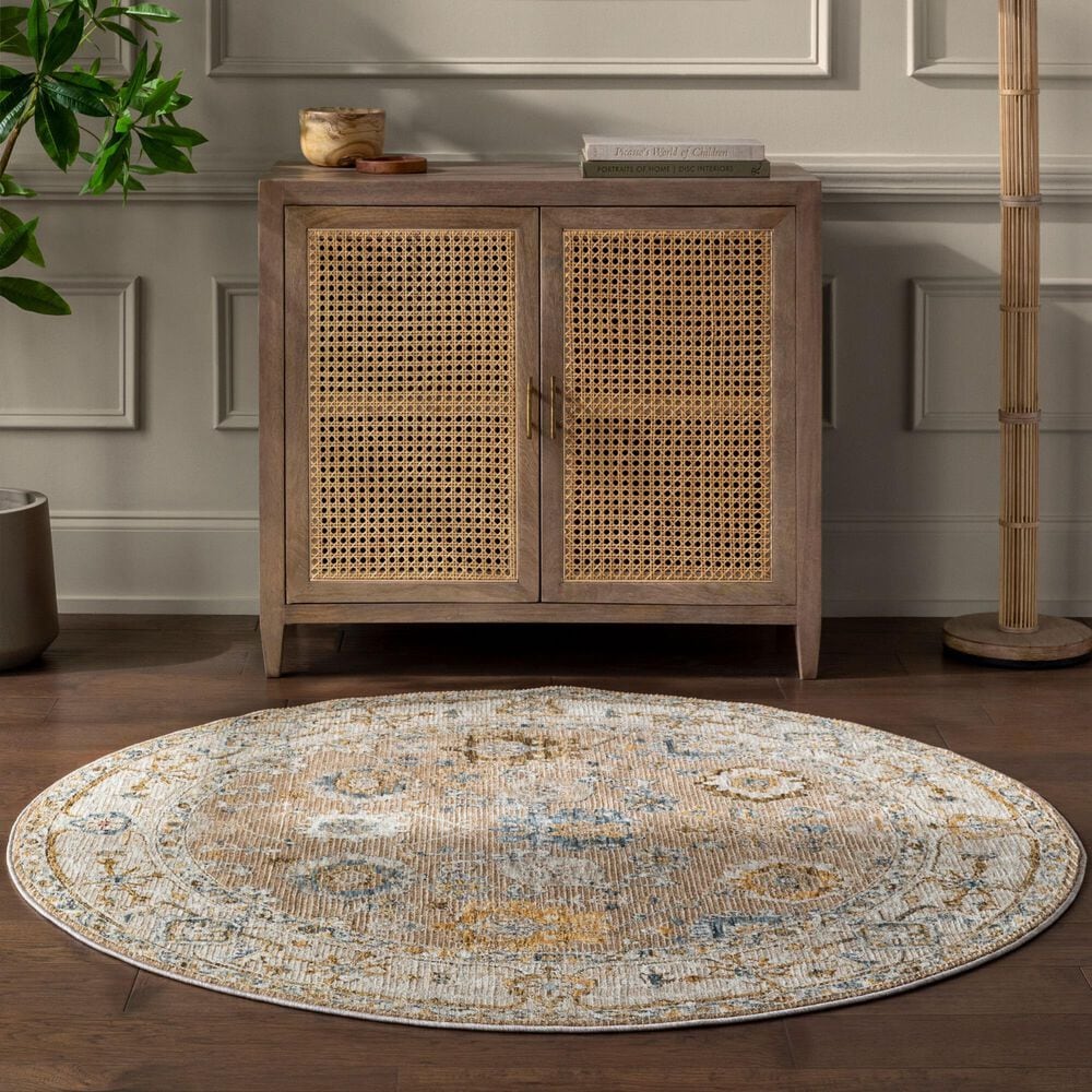 Surya Reina Tan, Light Brown, Light Gray, Cream, Denim, Mustard and Olive 6&#39;7&quot; Round Area Rug, , large