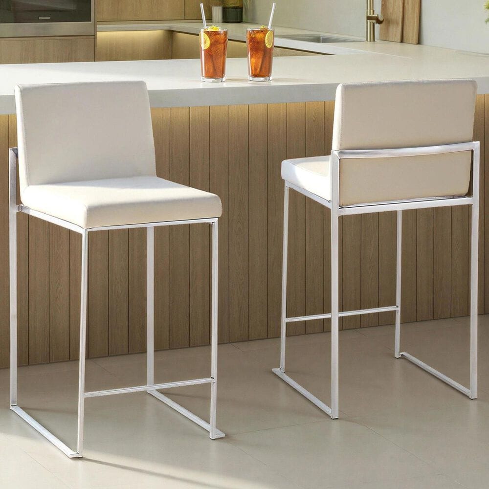 LumiSource Fuji 26" Counter Stool with White Upholstery in Stainless Steel (Set of 2), , large