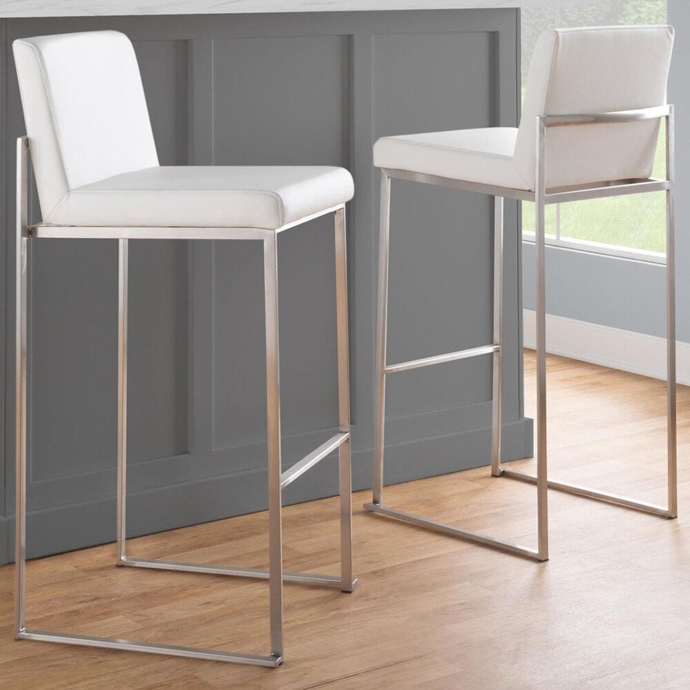 Lumisource Fuji High Back Barstool with White Faux Leather in Stainless Steel &#40;Set of 2&#41;, , large