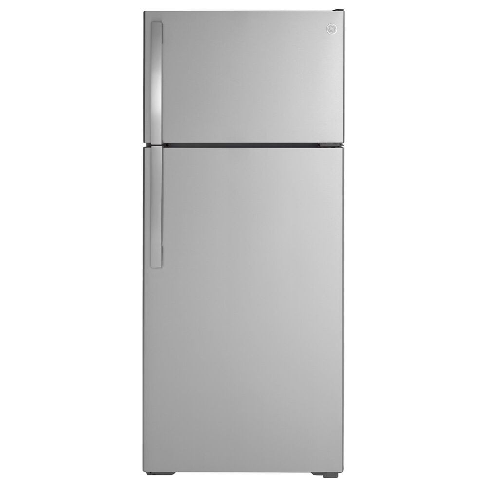 GE Appliances 17.5 Cu. Ft. Top Freezer Refrigerator with Edge-to-Edge Glass Shelves in Stainless Steel, , large