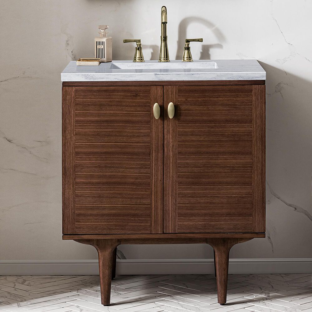 James Martin Vanities Amberly 30&quot; Single Bathroom Vanity in Walnut with 3 cm Arctic Fall Solid Surface Top and Rectangular Sink, , large
