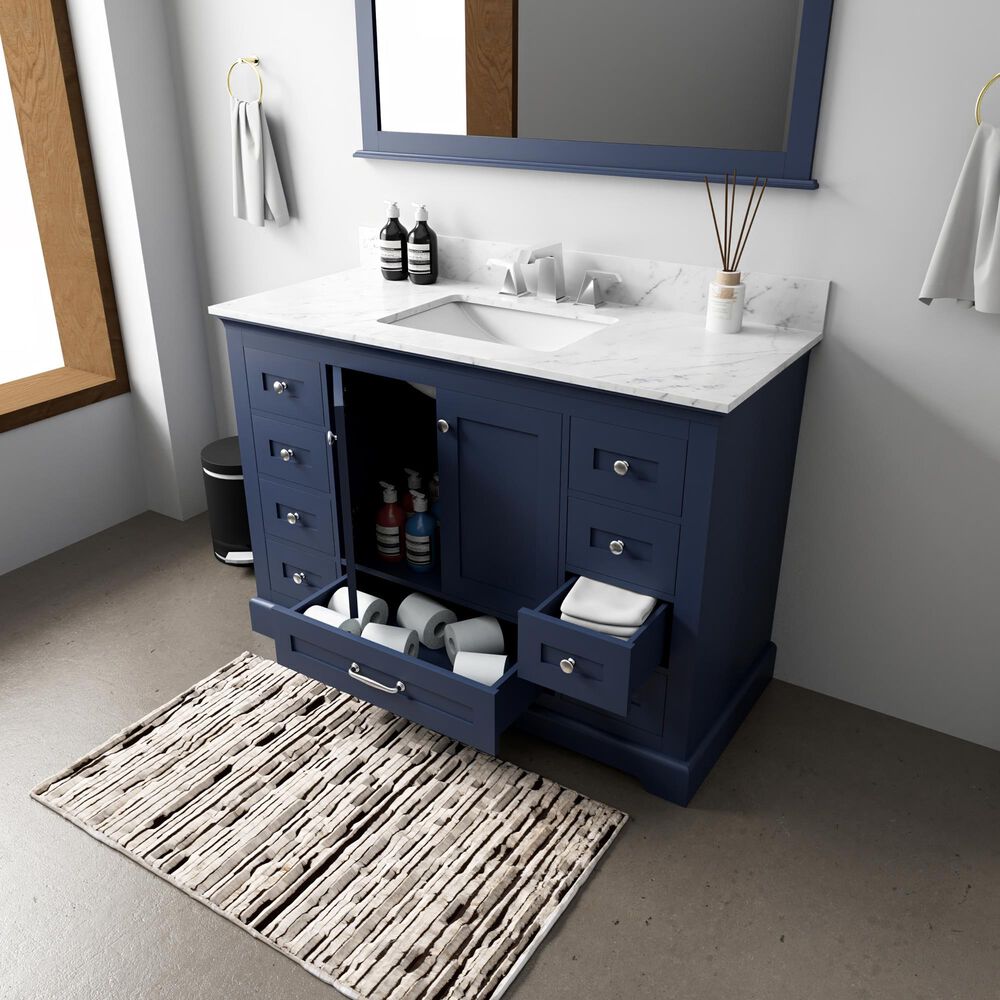 Lexora Home Dukes 48" Single Bathroom Vanity in Navy Blue with 2 cm White Carrara Marble Top and Rectangular Sink, , large