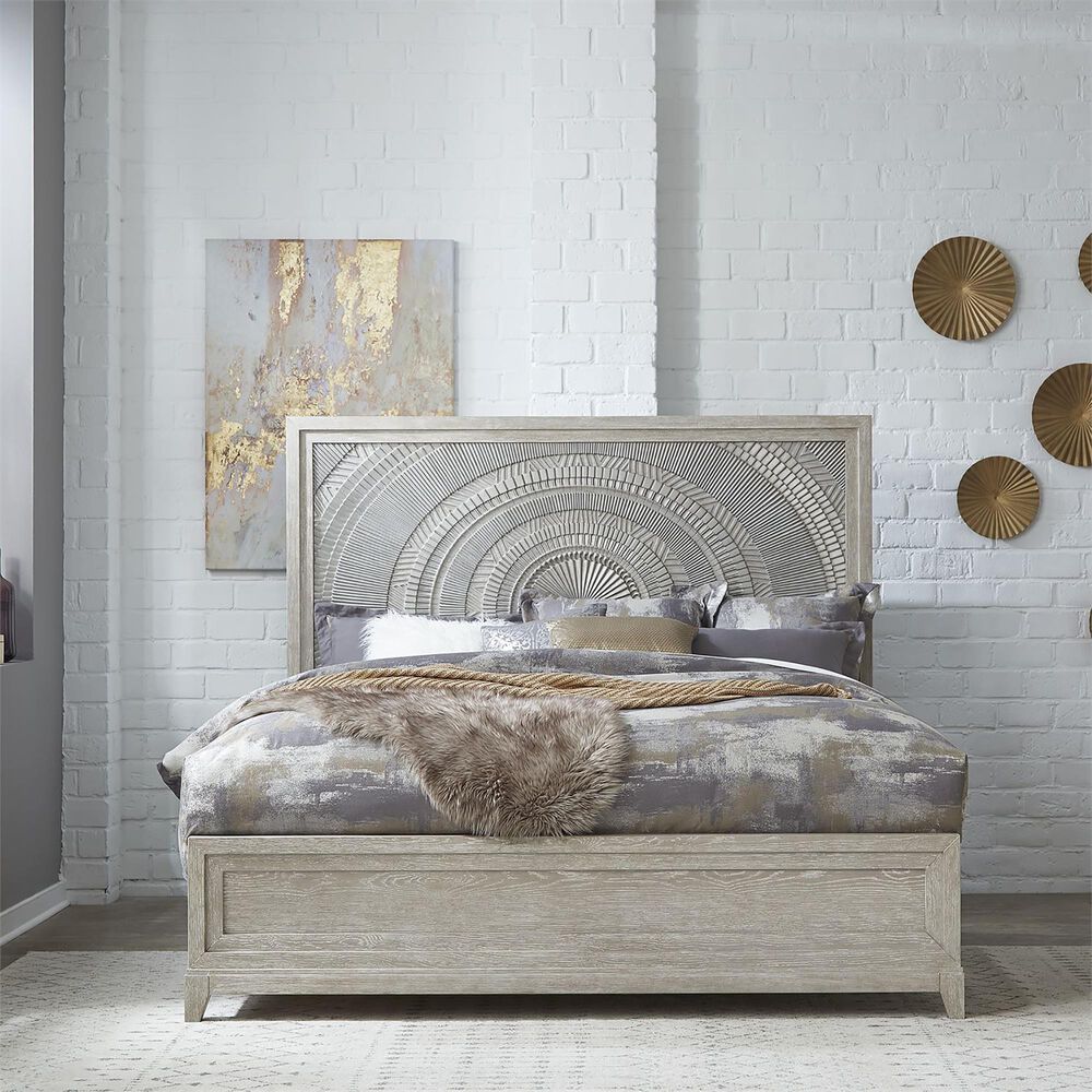 Belle Furnishings Belmar 4 Piece King Bedroom Set in Washed Taupe and Silver Champagne, , large