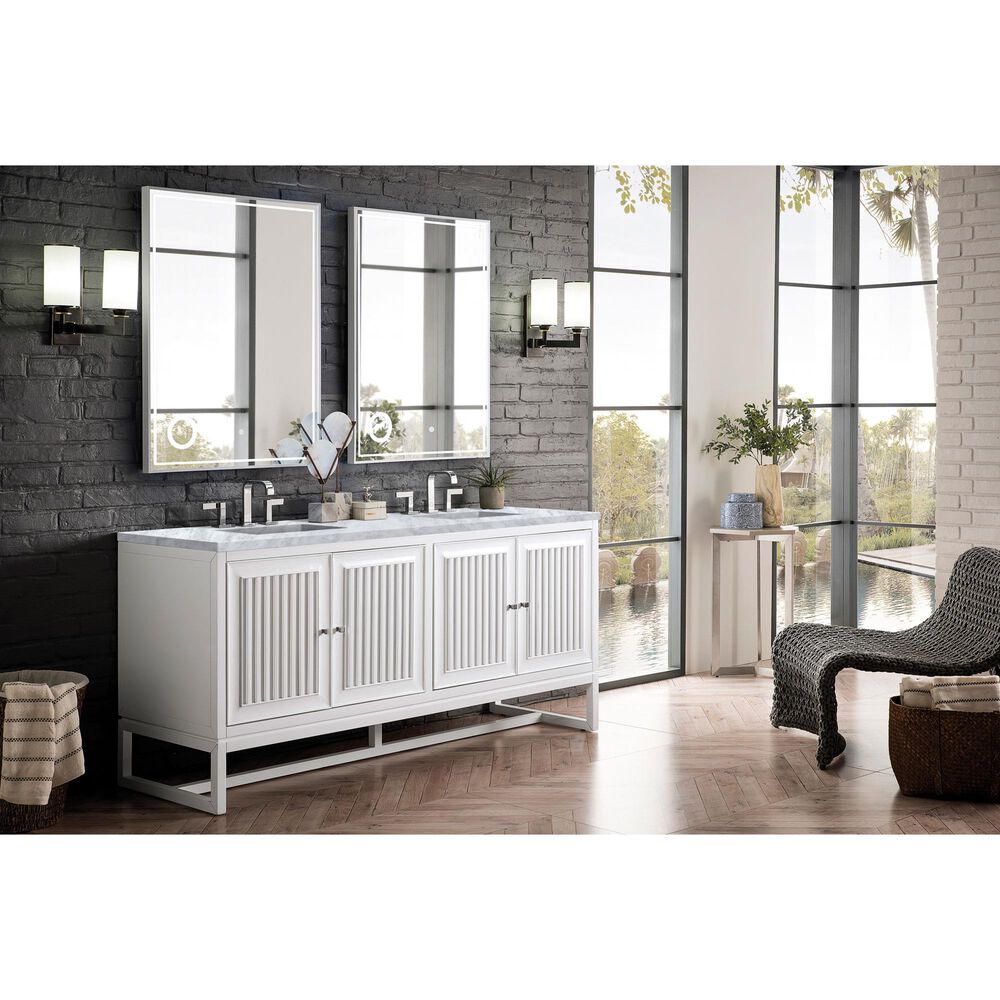 James Martin Vanities Athens 72&quot; Double Bathroom Vanity in Glossy White with 3 cm Carrara White Marble Top and Rectangular Sinks, , large
