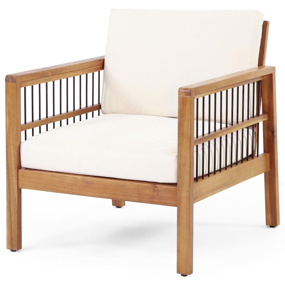 Hearth and Haven Outdoor Acacia Wood Club Chair with Beige Cushions and Slat Panel in Teak, , large