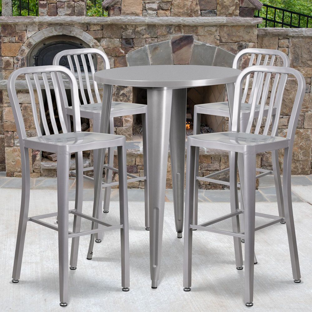 Flash Furniture 5-Piece Metal Bar Table Set with Backed Stools in Silver, , large