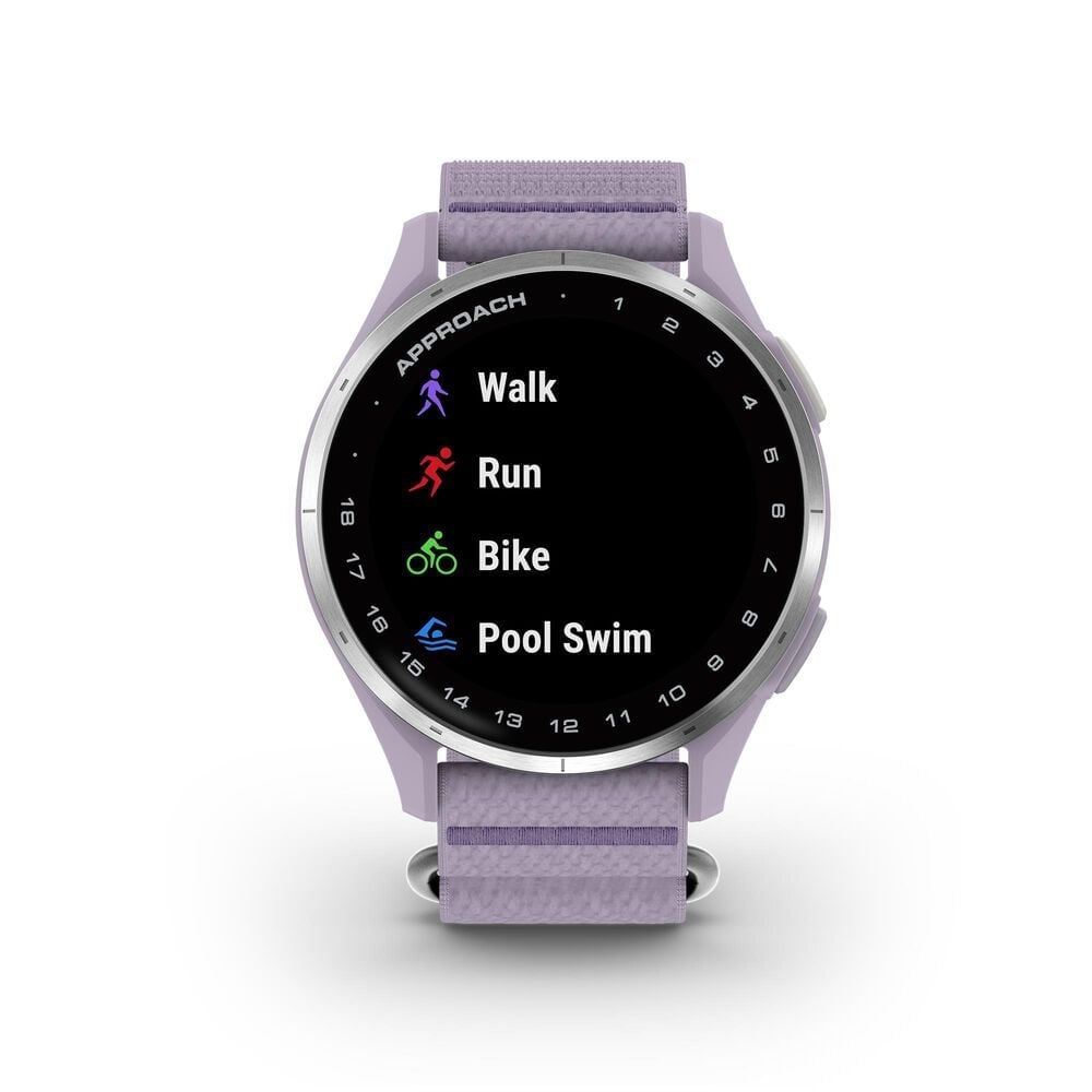 Garmin Approach J1 43mm Junior Golf GPS Smartwatch in Silver Aluminum Bezel with Lilac ComfortFit Fabric Band, , large