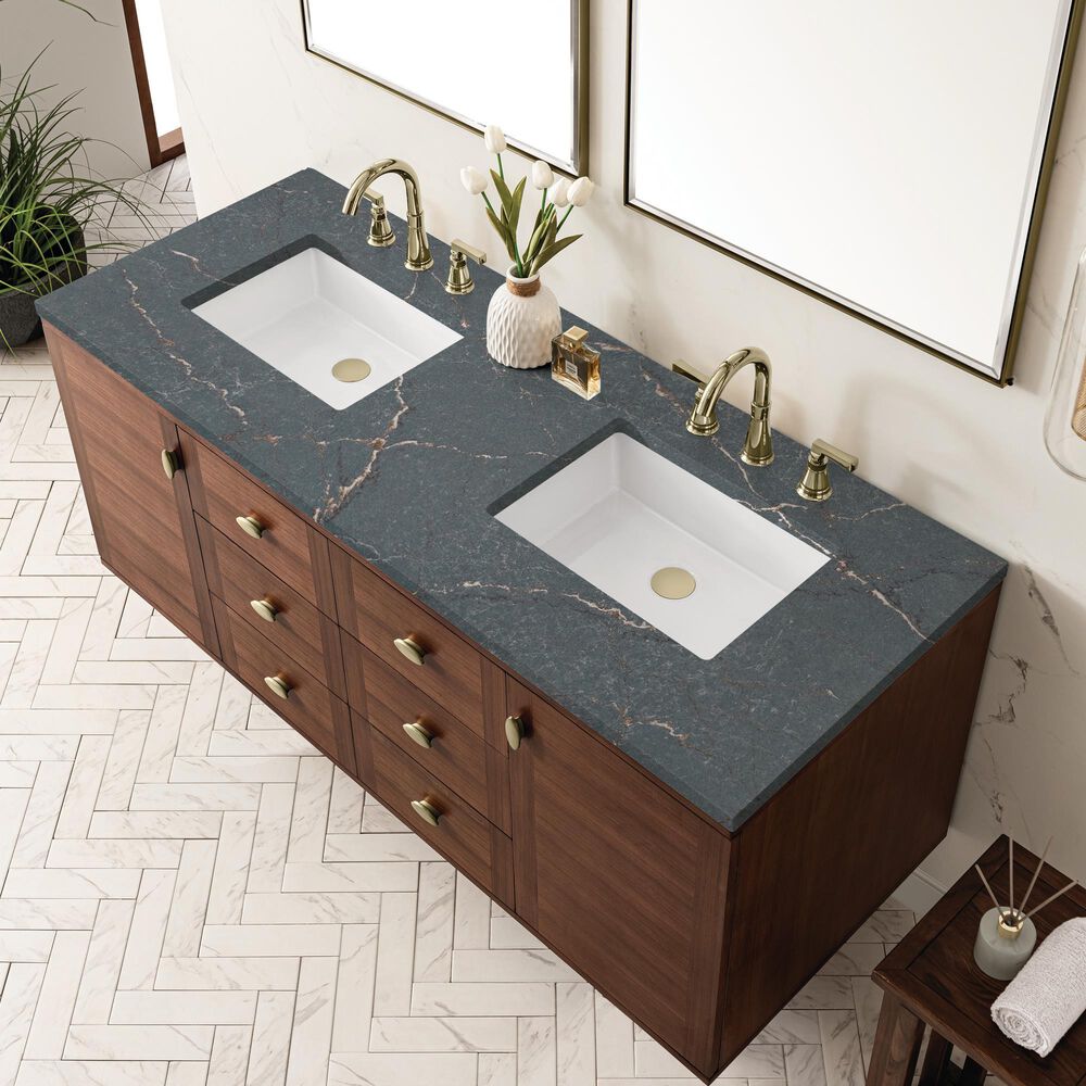 James Martin Vanities Amberly 60&quot; Double Bathroom Vanity in Mid-Century Walnut with 3 cm Parisien Bleu Quartz Top and Rectangular Sinks, , large