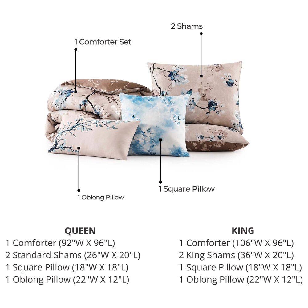 Bebejan Blue Blossom 5-Piece King Reversible Comforter Set in Cerulean Blue, Taupe and Dark Brown, , large