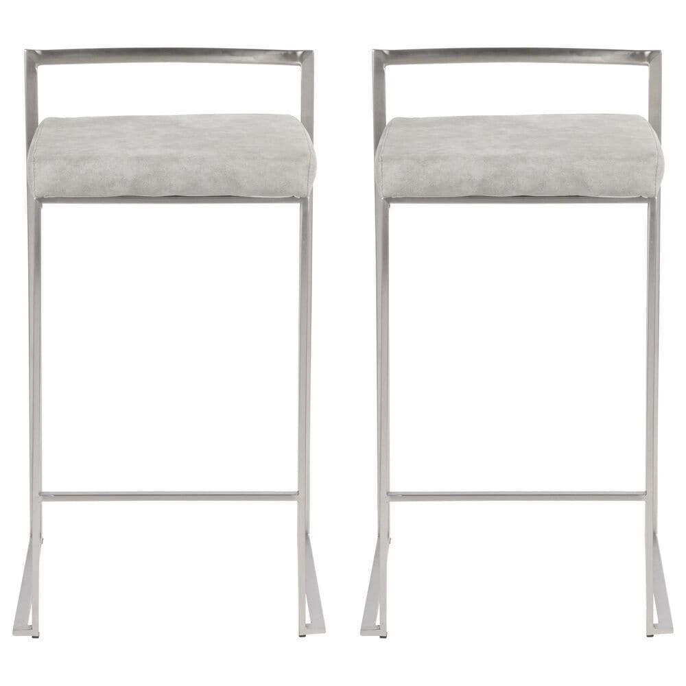 LumiSource Fuji 26" Stacker Counter Stool with Light Grey Cowboy Upholstery in Brushed Stainless Steel (Set of 2), , large