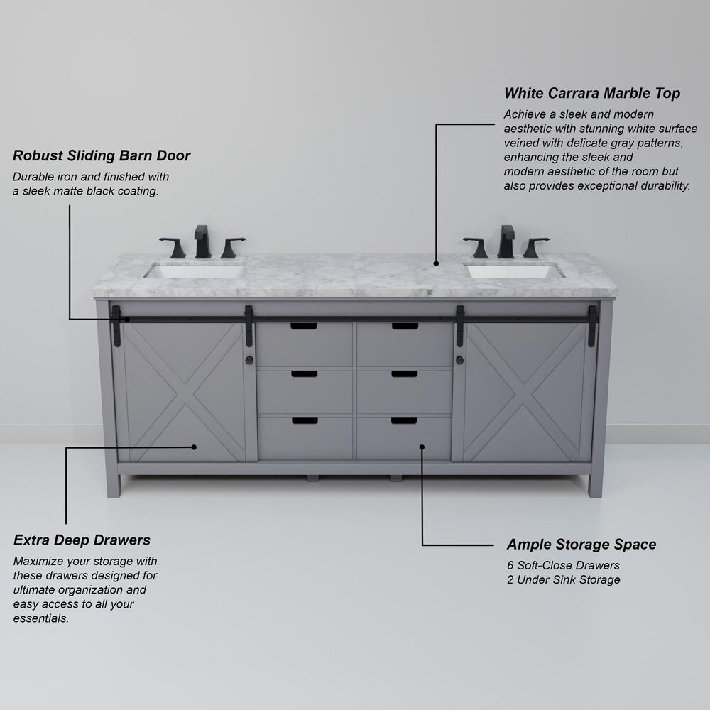 Lexora Home Marsyas 80&quot; Double Bathroom Vanity in Dark Grey with White Carrara Marble Top and Rectangular Sinks, , large