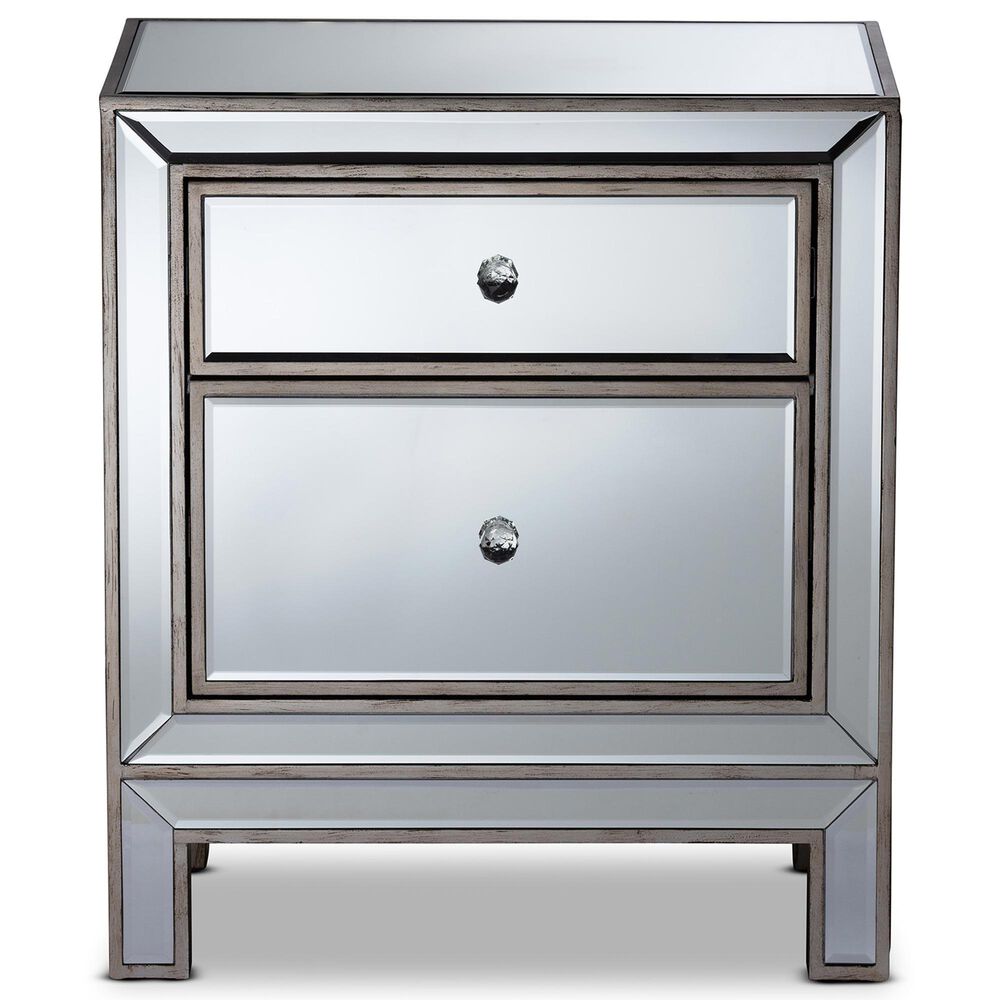 Baxton Studio Fadri Mirrored 2-Drawer End Table in Antique Silver, , large
