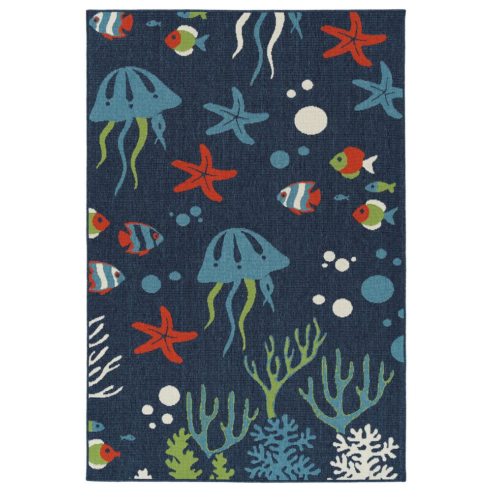 Kaleen Rugs Amalie 1"9" x 3" Navy, Light Blue, Tangerine and Light Green Indoor/Outdoor Area Rug, , large