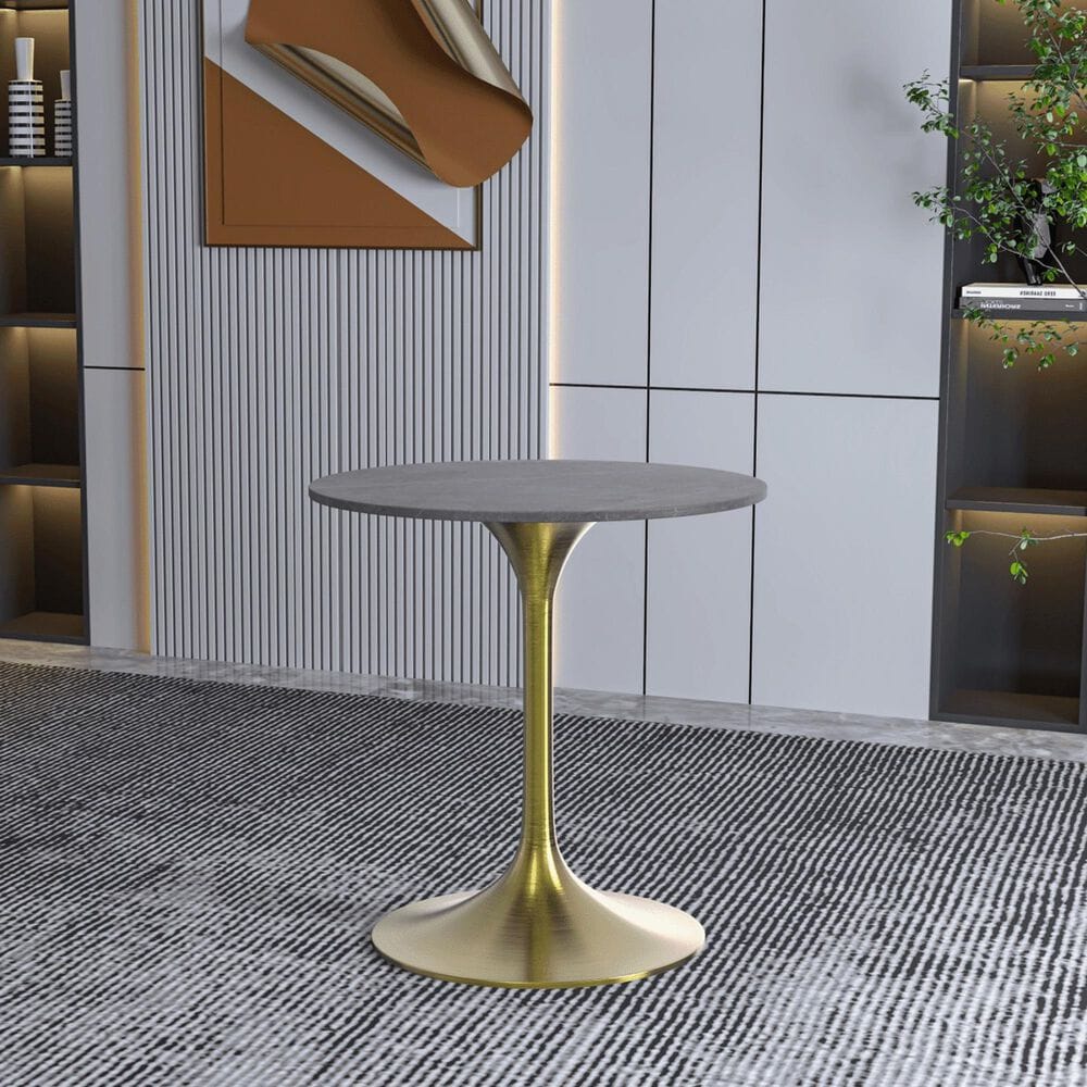 Leisuremod LeisureMod Verve Collection 27 Round Dining Table, Brushed Gold Base with Sintered Stone Grey Top, , large