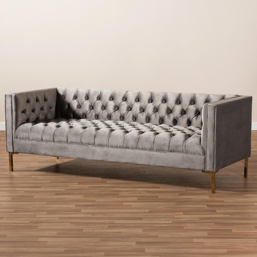 Baxton Studio Zanetta Stationary Sofa in Gray Velvet, , large