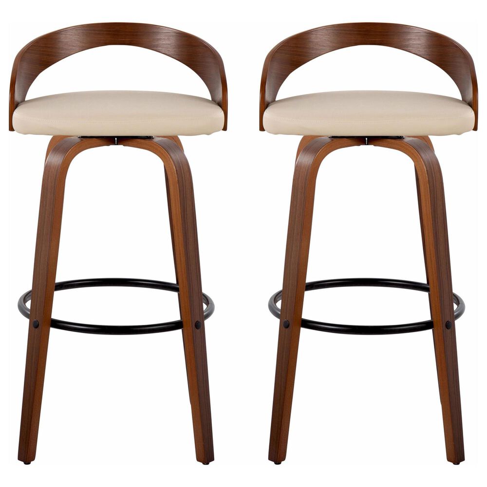 LumiSource Grotto 30" Swivel Barstool with Cream Faux Leather Upholstery in Walnut and Black (Set of 2), , large