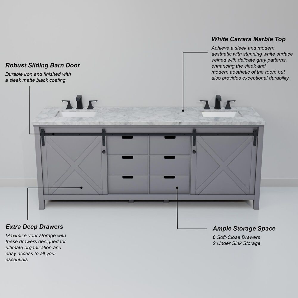 Lexora Home Marsyas 84&quot; Double Bathroom Vanity in Dark Grey with White Carrara Marble Top and Rectangular Sinks, , large