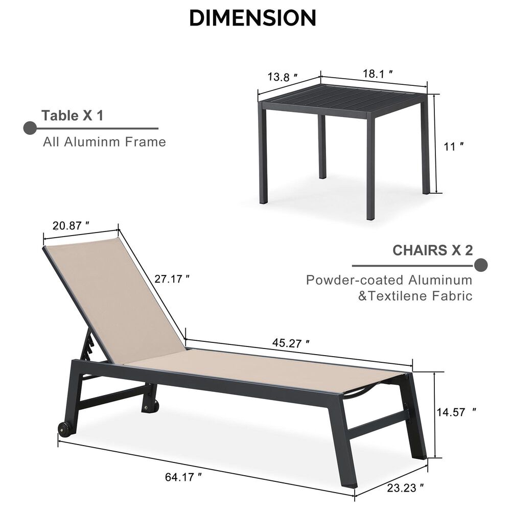 HOMLUX 3-Piece Patio Chaise Lounge Set with Wheels in Beige, , large
