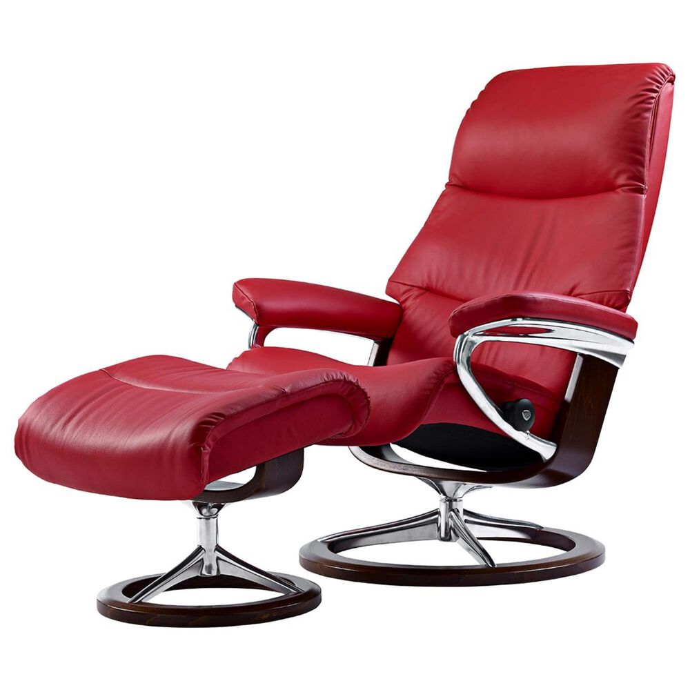 Ekornes View Medium Chair and Ottoman with Brown Signature Base in Paloma Tomato, , large
