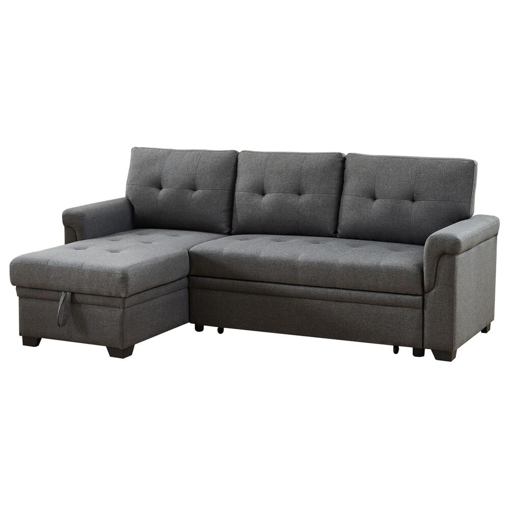 HOMLUX 84"W Reversible Linen Sleeper Sectional Sofa with Storage Chaise, in Dark Gray, , large