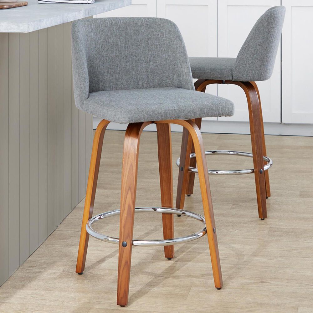 LumiSource Toriano Swivel Counter Stool with Grey Fabric Upholstery in Walnut and Chrome (Set of 2), , large