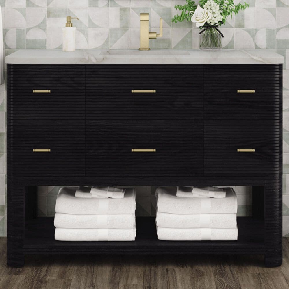 James Martin Vanities Lucian 48" Single Bathroom Vanity in Carbon Oak with 3 cm Victorian Silver Quartz Top, Rectangular Sink and FreePower Wireless Charger, , large