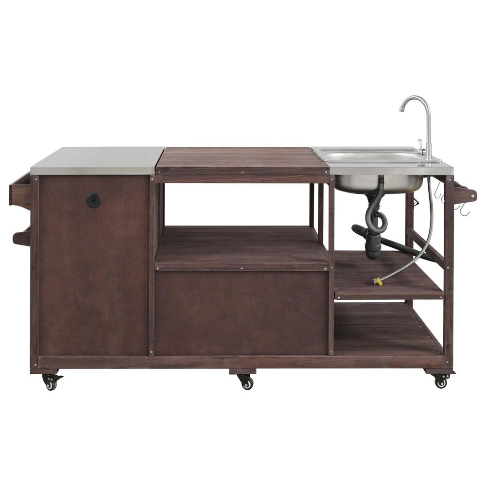 HOMLUX 75.4" Outdoor Kitchen Island with Sink, Solid Wood Outdoor Grill Cart for XL Green Egg Grills, Rolling Outdoor Bar Cart with Stainless Steel Top, for Pizza Prep &amp; BBQ, Brown, , large