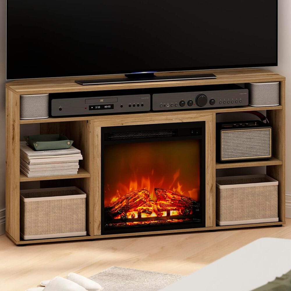 HOMLUX 47" Corner TV Stand with Electric Fireplace in Flagstaff Oak, , large